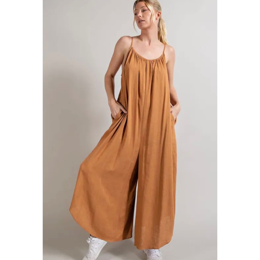 Oversized Linen Blend Cropped Wide Leg Jumpsuit - One‎ Size - Tan - Beachy Boho